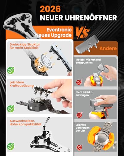 Eventronic【Neu Upgraded】Uhrenwerkzeug Set 154-TLG, Uhr Batteriewechsel Werkzeug Uhren Reparatur, Uhrmacherwerkzeug Set mit Uhrenoffner öffner, Schraubendreh, Federstegwerkzeug