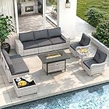 10 Piece Outdoor Wicker Rattan Sectional Sofa Set with Swivel Chairs & Fire Pit Table, 7-Seats with 4' Thickened Cushions & Coffee Table, All-Weather PE Rattan for Garden, Backyard, Porch, Black
