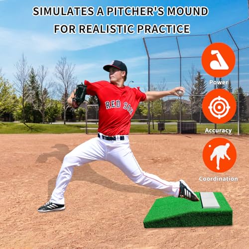 KuiBonu Pitching Mound, Portable Baseball Pitcher's Mound with Pitching Rubber, Antifade Turf and Carry Handles, 30 x 30 x 4 Inch Baseball Pitching Training Equipment for All Ages - Thumbnail 2