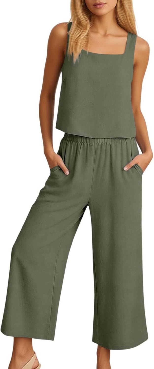 Aniywn Two Piece Pants Set For Women Dressy Summer Square Neck Linen Tank Crop Top Wide Leg Pants Matching Set Tracksuit