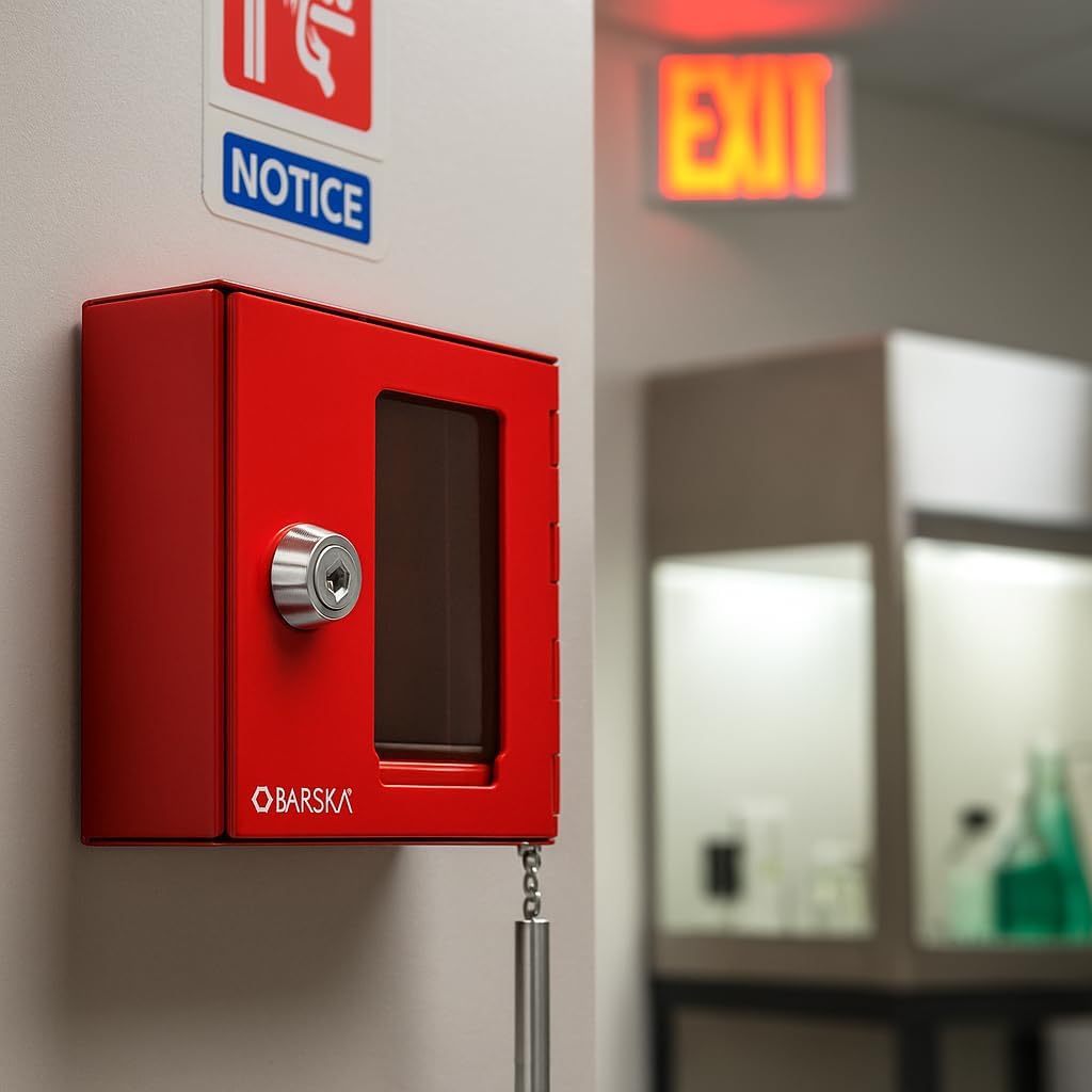 Barska Red Key Lock Breakable Glass Window Alarm Emergency Key Storage Lock Box with Attached Hammer for Home and Business