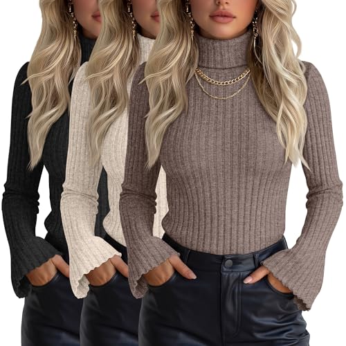 Velvelhall 3 Pack Women's Turtleneck Sweaters Ribbed Knitted Bell Long