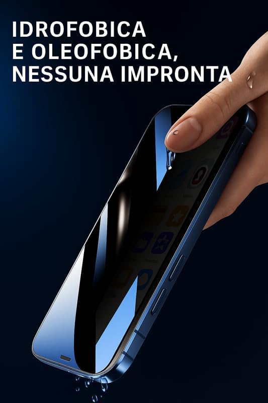 A hand touching a smartphone screen protector with water droplets on it, illustrating its hydrophobic and oleophobic properties that prevent fingerprints and smudges.