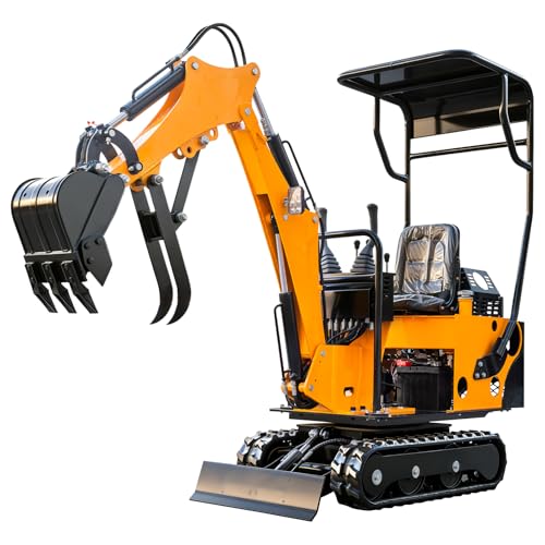 Mms 0.8 Ton Mini Excavator With 13.5Hp Gasoline Engine, Bucket, Canopy, Mechanical Thumb Clamp, Us Stock Compact Backhoe Digger Crawler Excavator For Trenches, Construction, Gardening Yellow