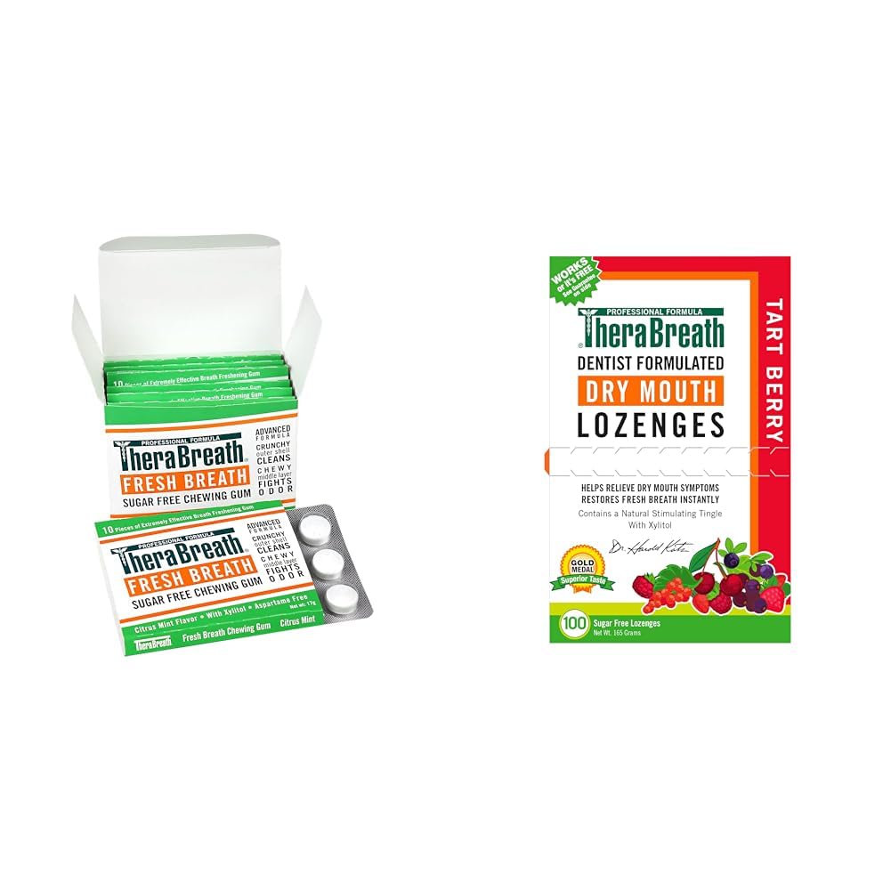 TheraBreath Chewing Gum with ZINC Citrus Mint 10 Count Pack of 6 & Dry Mouth Lozenges with ZINC Tart Berry 100 Lozenges