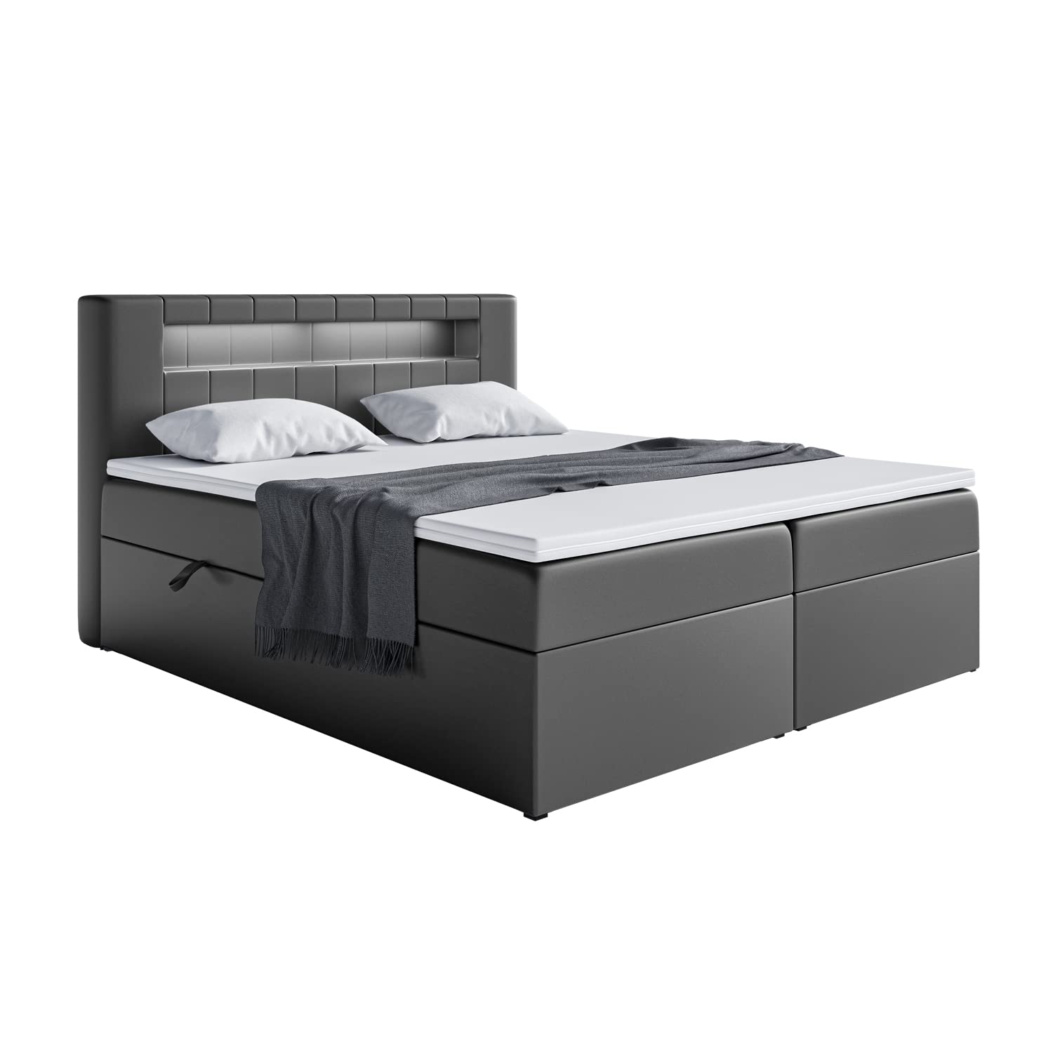 MEBLINI Boxspringbett mit Bettkasten - Bett mit LED Kopfteil - Gepolstert Doppelbett mit Matratze und Topper - Polsterbett mit Stauraum - Stauraumbett - ASPIN - 180x200 - H3/Schwarz Kunstleder