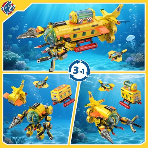 HOGOKIDS 3 Styles City Submarine Building Set with LED Light, Ocean Exploration Yellow Sub Toy with 2 Sharks, Whale Skeleton and Ray Drone, Birthday for Kids Boys Girls 6-12+ - Image 2