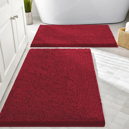 Image of Smiry Bathroom Rugs Sets 2 Piece, Soft Absorbent Chenille Machine Washable Non Slip Shaggy Bath Rug Set for Tub, Shower, and Floor (30x20+24x16, Red)