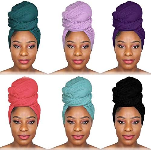 6 Pieces Head Wraps Scarf Long Turban Stretch Jersey Ultra Soft Urban Knit Hair Scarfs Solid Color African Headbands Tie Breathable Headwrap Fashion Shawls for Women