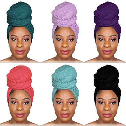 6 Pieces Head Wraps Scarf Long Turban Stretch Jersey Ultra Soft Urban Knit Hair Scarfs Solid Color African Headbands Tie Breathable Headwrap Fashion Shawls For Women #TOP3