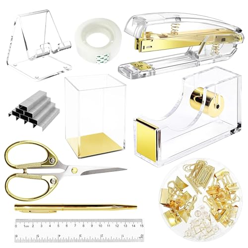 SUPEASY Gold Schreibtisch Organizer und Zubehör Bürobedarf, 10Pcs Set für Büro mit Hefter, Tape Dispenser, Stifte, Stifthalter, Telefonhalter, Band, Lineal, 1 Box Heft, Schere und 1 Box Clip