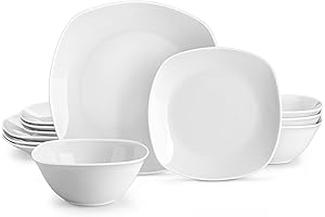 Stylish MALACASA ELISA Square Plate Dinnerware Set: 12-Piece Porcelain Dishware for Four