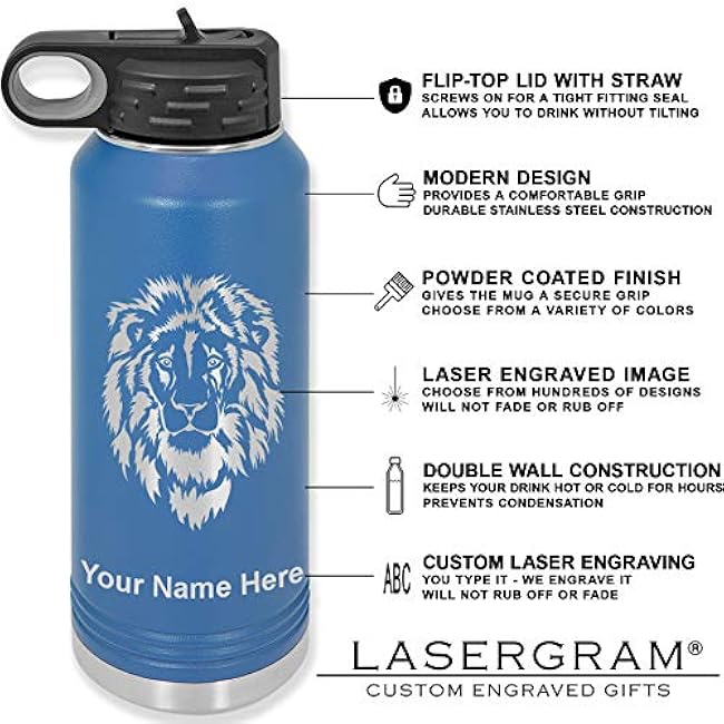 LaserGram Personalized Water Bottle, Jet Airplane, Stainless Steel Double Wall Vacuum Insulated with Flip Top Straw, Custom Engraved Gift (32oz / 950ml Dark Blue)