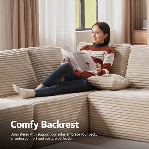 ovios Sectional Cloud Couch for Living Room, Modular Floor Sofa with Plush Corduroy, No Assembly Required, Big Comfy Couches Set with Fluffy Memory Foam, Stupendous U Shaped Sofas with Chaise, Beige