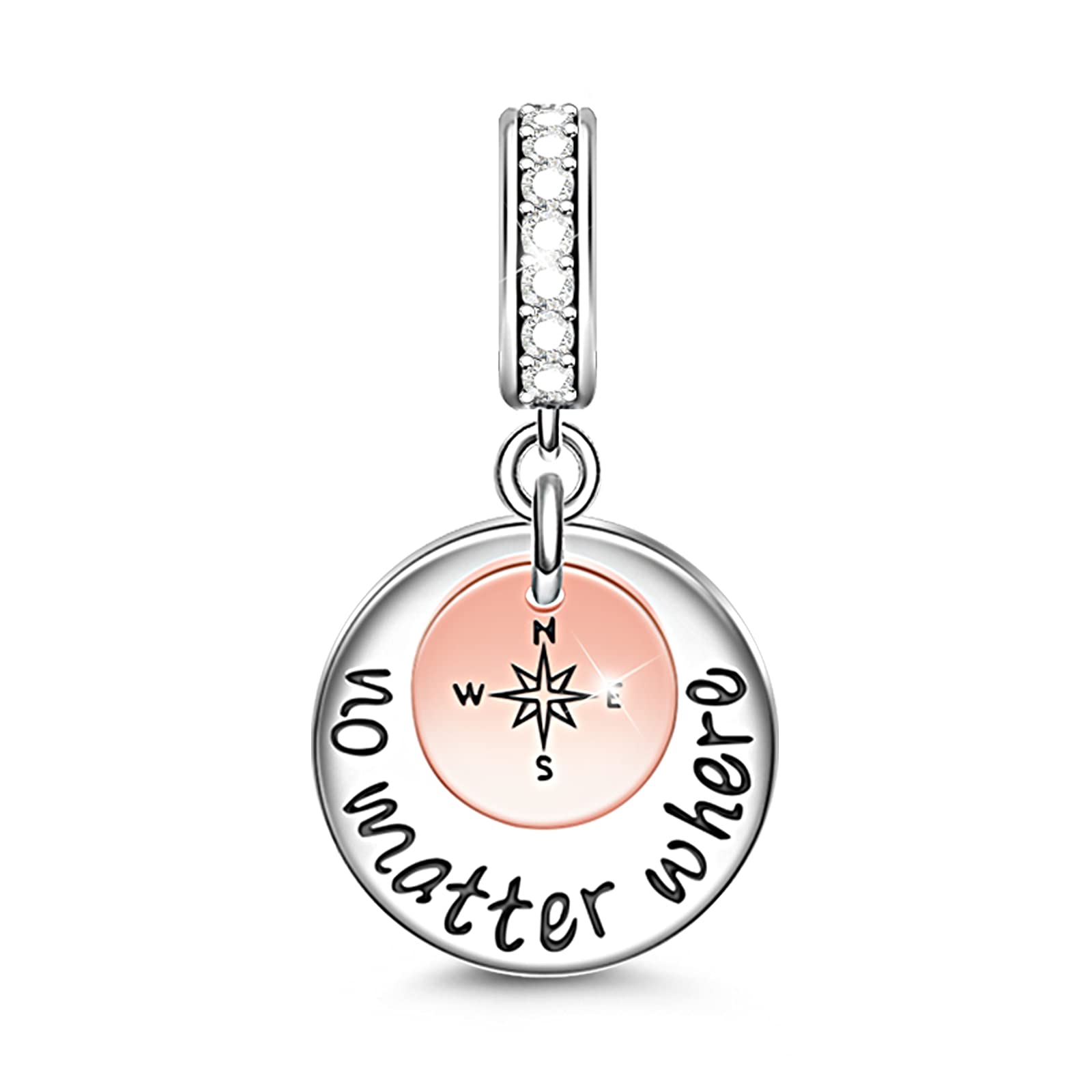 GNOCE Compass Charm Pendant 925 Sterling Silver NO Matter Where You Are,My Heart Is Always with You Charm Bead for Bracelet Necklace Best Gifts For