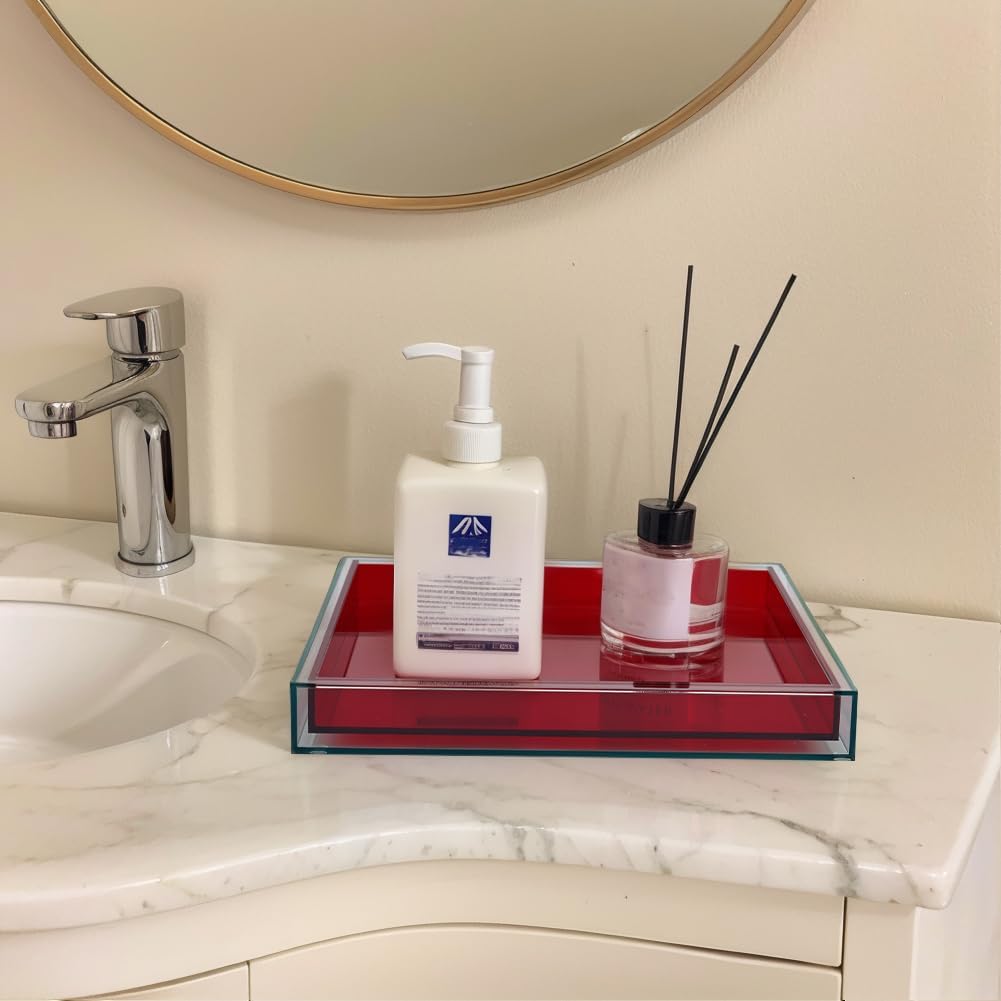 Red Acrylic Tray -10"x10" Multipurpose Square Decorative Tray for Perfume Display & Serving, Bathroom Sink Vanity Organizer Tray for Bathroom, Vanity, Coffee Table, Living Room Decor