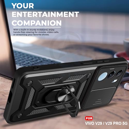 Image of AESTMO Tough Armor Vivo V29 / V29 Pro 5G Bumper Back Case Cover | Ring Holder & Sliding Camera Shield Cover | 360 Degree Protection Back Case Cover for Vivo V29 / V29 Pro (Black) - Polycarbonate