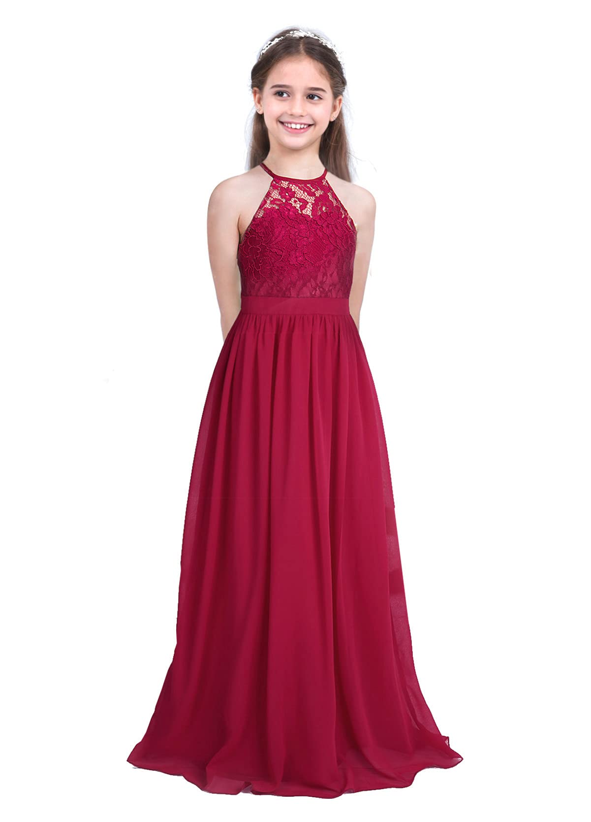 IEFIEL Vestido Largo de Elegante para Niña Vestido Encaje de Gasa Sólido con Cuello Hálter Vestido de Novia Boda Desfile Flores Niña 5-16 Años