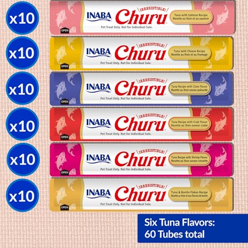 Image of INABA Churu Cat Treats, Lickable, Squeezable Creamy Puree Cat Treat with Green Tea Extract & Taurine, 0.5 Ounces Each Tube, 60 Tubes, Tuna Variety Box (Pack of 8)