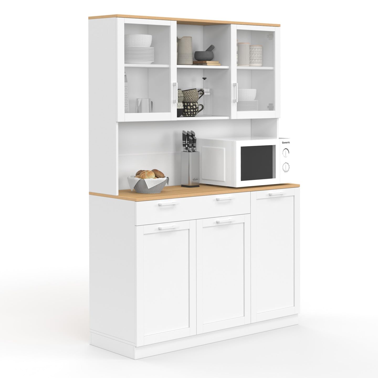 IDMarket - Buffet de Cuisine vitré 120 cm VITO Blanc Plateau façon hêtre