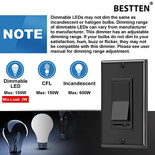 Image of BESTTEN 2 Pack Dimmer Wall Light Switch, Single Pole or 3-Way LED Slide Dimmer Switch, Compatible with Dimmable LED, Incandescent, Halogen and CFL Bulbs, Wallplate Included, UL Listed, Gloss Black