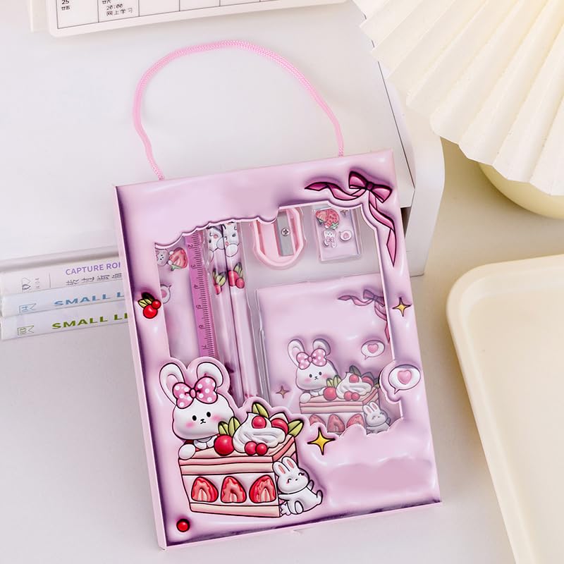 Image of 6-Piece Creative Stationery Set, Complete Set of Learning Supplies, Portable Stationery Gift Box Six in One, Suitable for Birthday Gifts, Daily Writing, Artistic Handicraft Use(Rabbit Set-Pink)
