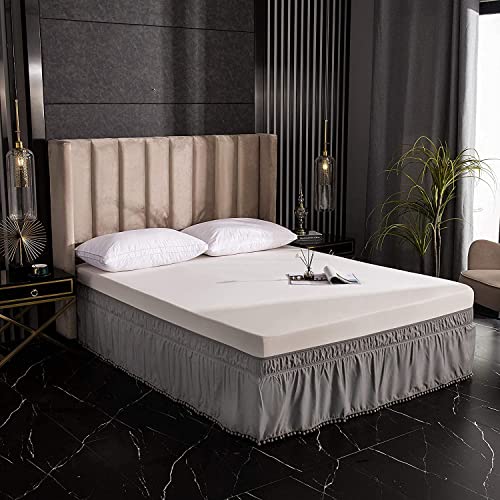 Xuan Dian Wrap Around Bed Skirt Queen/King,Pom Pom Bed Skirt Dust Ruffles 18 Inch Drop, Ruffled Bed Skirt With Adjustable Elastic Belt, Gray #TOP6