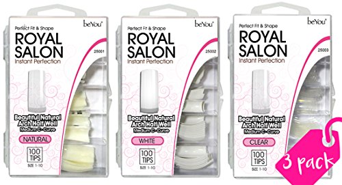 beYou 3PACK Royal Salon 100 Professional Artificial Fake False Nail Tips, Nail Salon Nail Shop (Natural, White, Clear) (Royal Salon)