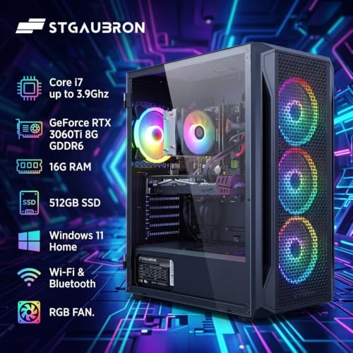 Image of STGAubron Gaming PC Desktop,Core I7,RTX 3060Ti 8G,16G RAM,512G SSD | Gaming Computer Tower for Streaming,Video Editing,Home,School,I7 up to 3.9GHz,ARGB Fan,WiFi 6,BT 5.0,4K DP,HDMI,Win11 Home