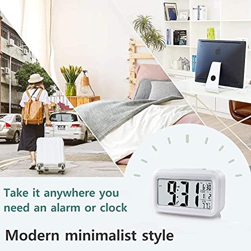 Alarm Clock LED Display Digital Alarm Clock, The Clock for Kids, Bedside Clock Snooze Night Light Battery Clock with Date Calendar Temperature for Home Office Travel (White)