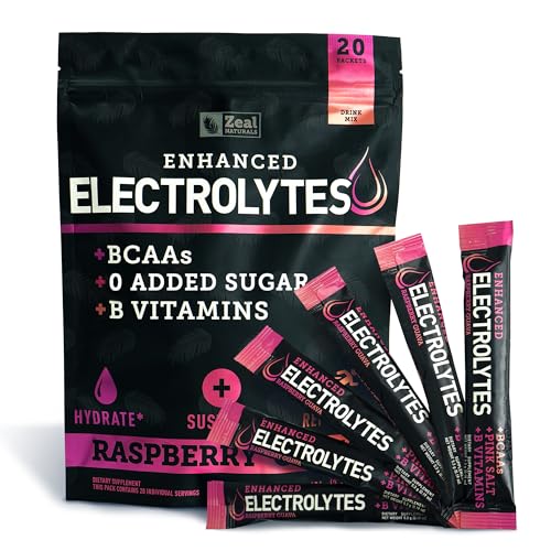 Image of Enhanced Electrolyte Powder Stick Packs (Raspberry Guava | 20 Packets) w / 0 Sugar +BCAAs +B-Vitamins Electrolyte Supplement w Potassium Zinc & Magnesium for Hydration - Keto Electrolytes