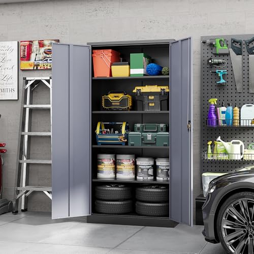 Image of Yizosh Metal Garage Storage Cabinet with Lock, 72 inch Locking Tool Cabinets with 2 Doors and 4 Shelves, Heavy Duty File Cabinet for Office, School (Gray Black)