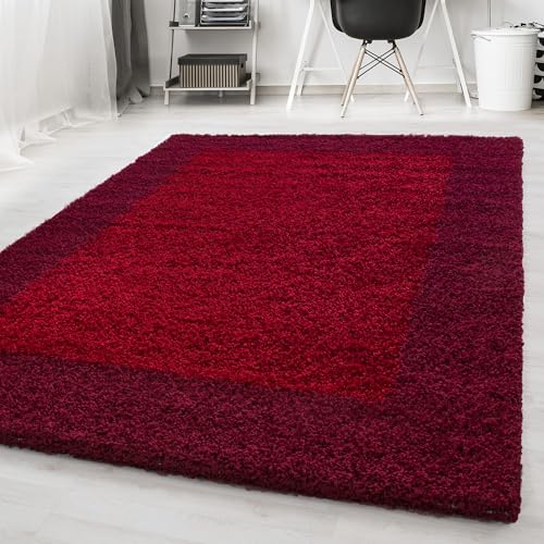 Carpetsale24 Hochflor Teppich Shaggy mit Bordüre 160x230 cm Rot, 2-farbig, flauschig & weich, modernes Design, rechteckig, perfekt für Wohnzimmer