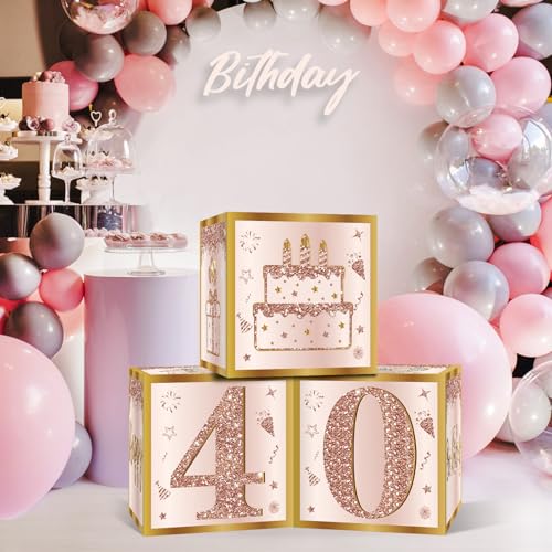 Image of Guiruiy 3Pcs 40th Birthday Decorations Boxes for Women, Pink Rose Gold 40th Birthday Balloons Boxes Party Supplies, Pink Forty Year Old Bday Theme Cardboard Box Decor