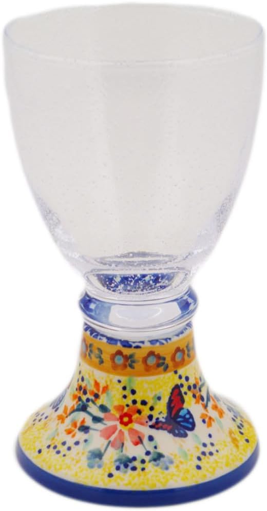 Polmedia Polish Pottery Wine Glass UNIKAT - Butterfly Summer Garden Pattern Handmade in Boleslawiec Poland + Certificate of Authenticity