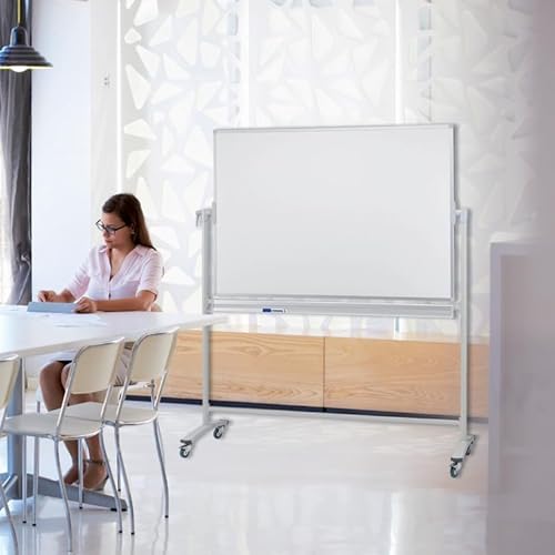 FRANKEN Mobiles Whiteboard, doppelseitig, lackiert, magnetisch, beschreibbar, trocken abwischbar, Whiteboard mit Ständer und Rollen, mit Metallgestell und schwenkbarem Rahmen, 200 x 100 cm, STC203