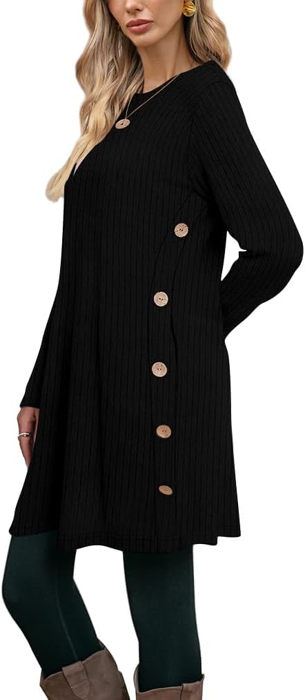 Poetsky Women Long Sleeve Tunic Tops to Wear with Leggings Side Buttons Long Shirts Rib Sweater Dress with Pockets S-3XL - Image 3