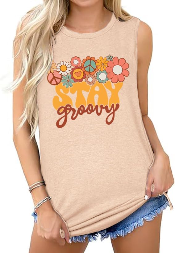 Retro Stay Groovy Tank Top Women Floral Graphic Tee Hippie Vintage 70s Disco Peace Casual Sleeveless Top - Image 4
