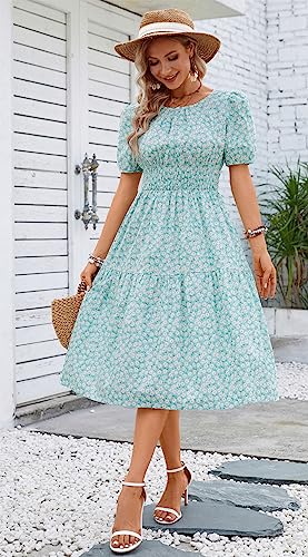 Image of Kormei Women Summer Casual Boho Floral Round Neck Short Sleeve Smocked Waist Tiered Flowy Swing Midi Dress