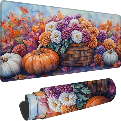 Mouse Mat 1400 x 700 x 3mm Large Mouse Mat Non Slip Rubber Base, Soft Textured Surface with Stitched Edges, Waterproof Desk Mat for PC, Laptop, Laser Mice for Office Maple Leaf Pumpkin Printing xn-184