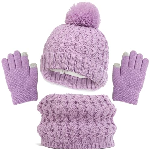 Generisch 2025 guantes bufanda conjunto niña niño niños sombreros con pom punto calentador de cuello polaina manoplas forro polar conjunto gorro niño niña verano, morado, 1-6 años
