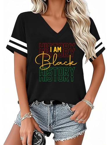 HAJIEXY Black History Shirts Women V Neck 1865 Juneteenth Shirt African American Short Sleeve Emancipation Day TopsBlackM