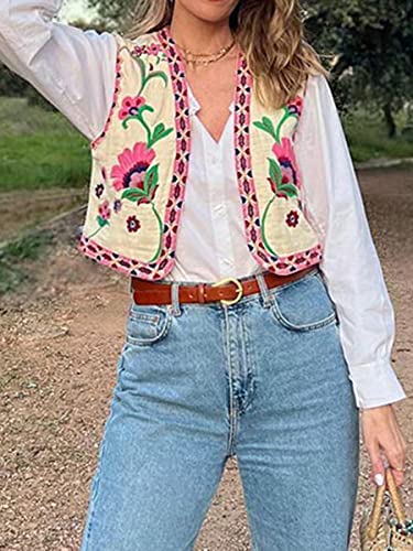 Qianderer Damen Vintage Stickerei Blumen Weste Y2k Leinen Offene Vorderseite Ärmellos Cardigan Mode Blumenweste, S