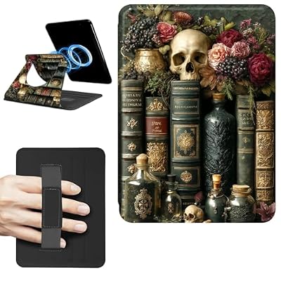 Dikoer Magnetic Case for 7" Kindle Paperwhite 12th Gen 2024 & Kindle Colorsoft 2024/2025 Signature Edition, 360 Rotating Swivel Stand Leather Protective Cover with Hand Strap, Vintage Library Skull