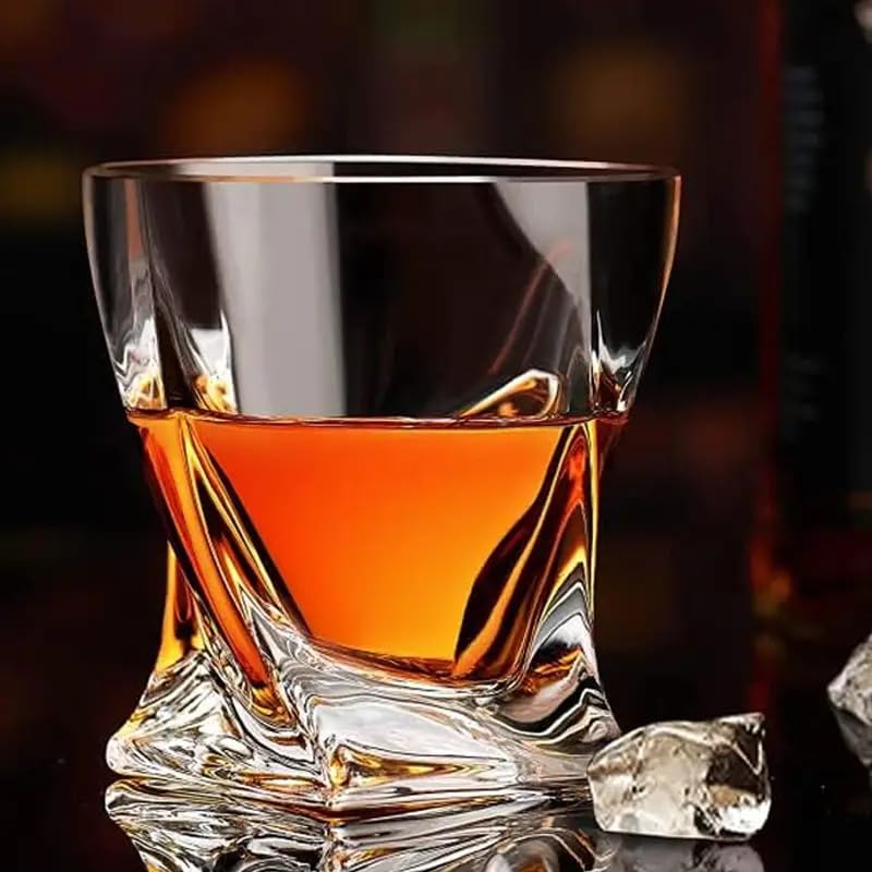 Image of Whiskey Glasses Set of 6 pcs- 250 ml Bar Glass for Drinking Bourbon, Whisky, Scotch, Cocktails, Cognac- Old Fashioned Cocktail Tumblers (6, Twisted)