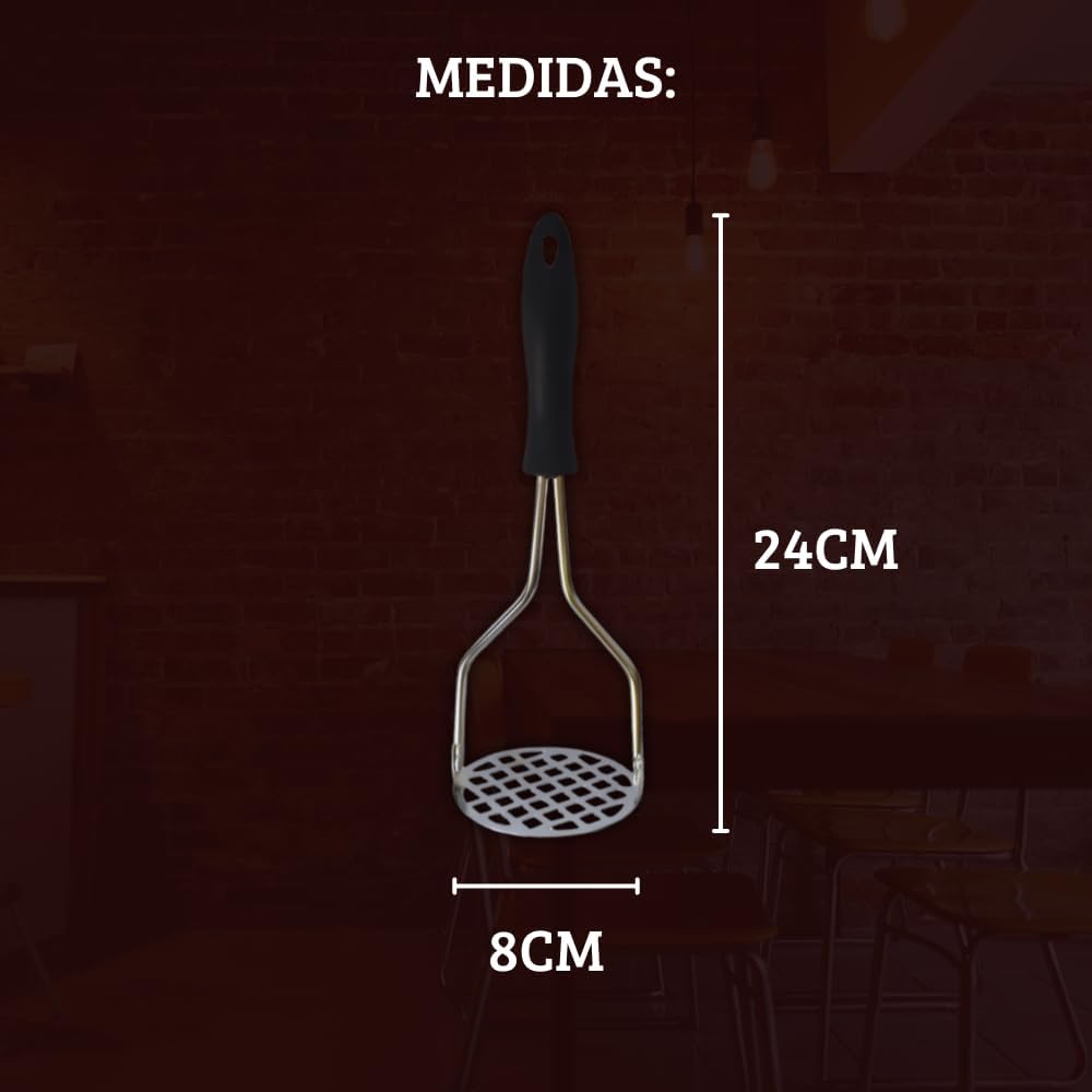 Amassador de Batatas Manual em Aço Inox 24x8cm – Espremedor Metálico Ergonômico, Multiuso, Prático e Fácil de Limpar