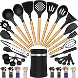 26 Pcs Kitchen Cooking Utensils Set, AIKKIL Silicone Cooking Kitchen Utensils Spatula Set with Holder, Wooden Handle Non-Stick Silicone Kitchen Gadgets Utensil Set (Black 26 pcs) …