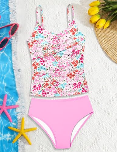 Image of Girls Swimsuit 2 Piece Bathing Suit Criss Cross Ruched Girl Tankini Sets Printed Girls' Swimwear for 9-18 Years