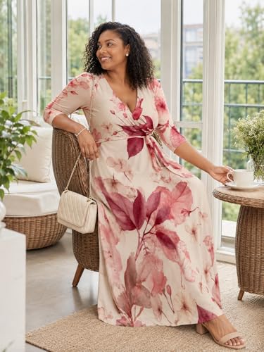Image of SUZONANA Plus Size Dresses for Women Floral Print Maxi Dress Flowy 3 /4 Sleeve with Belt