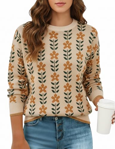 GraceSelect Women's Long Sleeve Crewneck Sweater 2025 Apricot Fall Printed Oversized Knitted Pullover Top Trendy Clothes